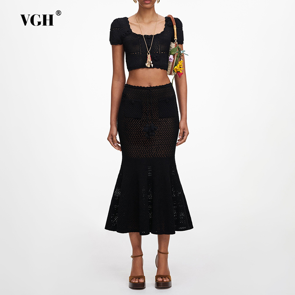 Summer Clothing Accessories - VGH Schwarzes 3D Blumenmuster Hohlstrick Zweiteiler