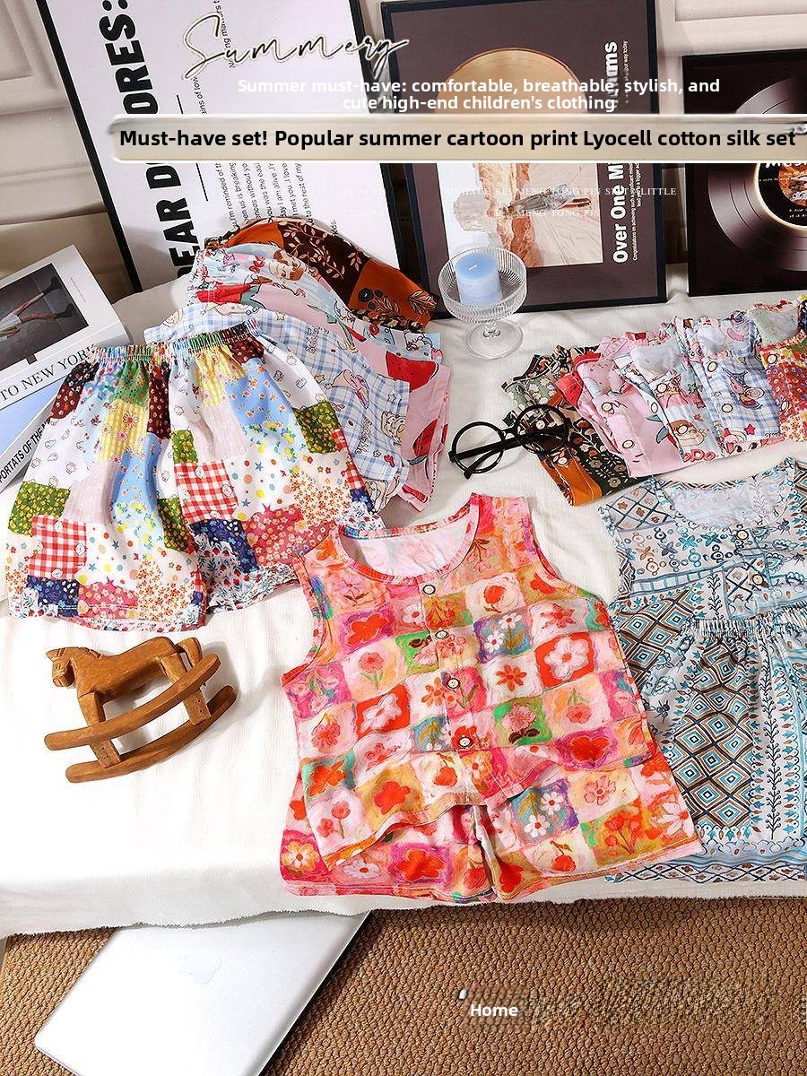 Summer Clothing Girls - Mädchen Sommer Baumwoll-Seiden-Weste und Shorts Set