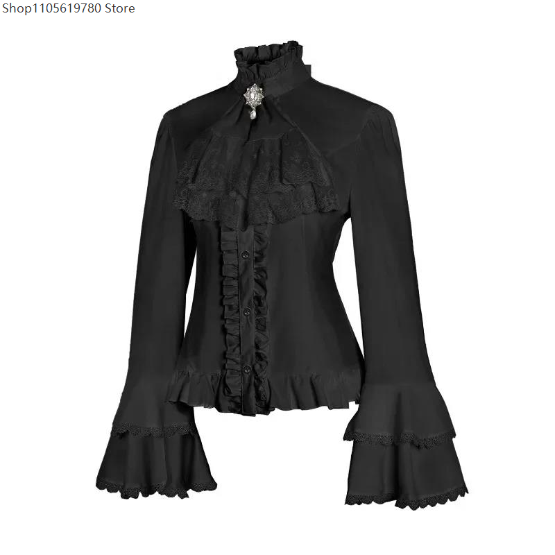 Summer Goth Clothing - Lolita Spitzenhemd mit Rüschen, hohem Kragen,