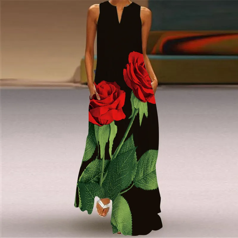 Summer Rose Clothing - Rote Rose Druck Langes Kleid Für