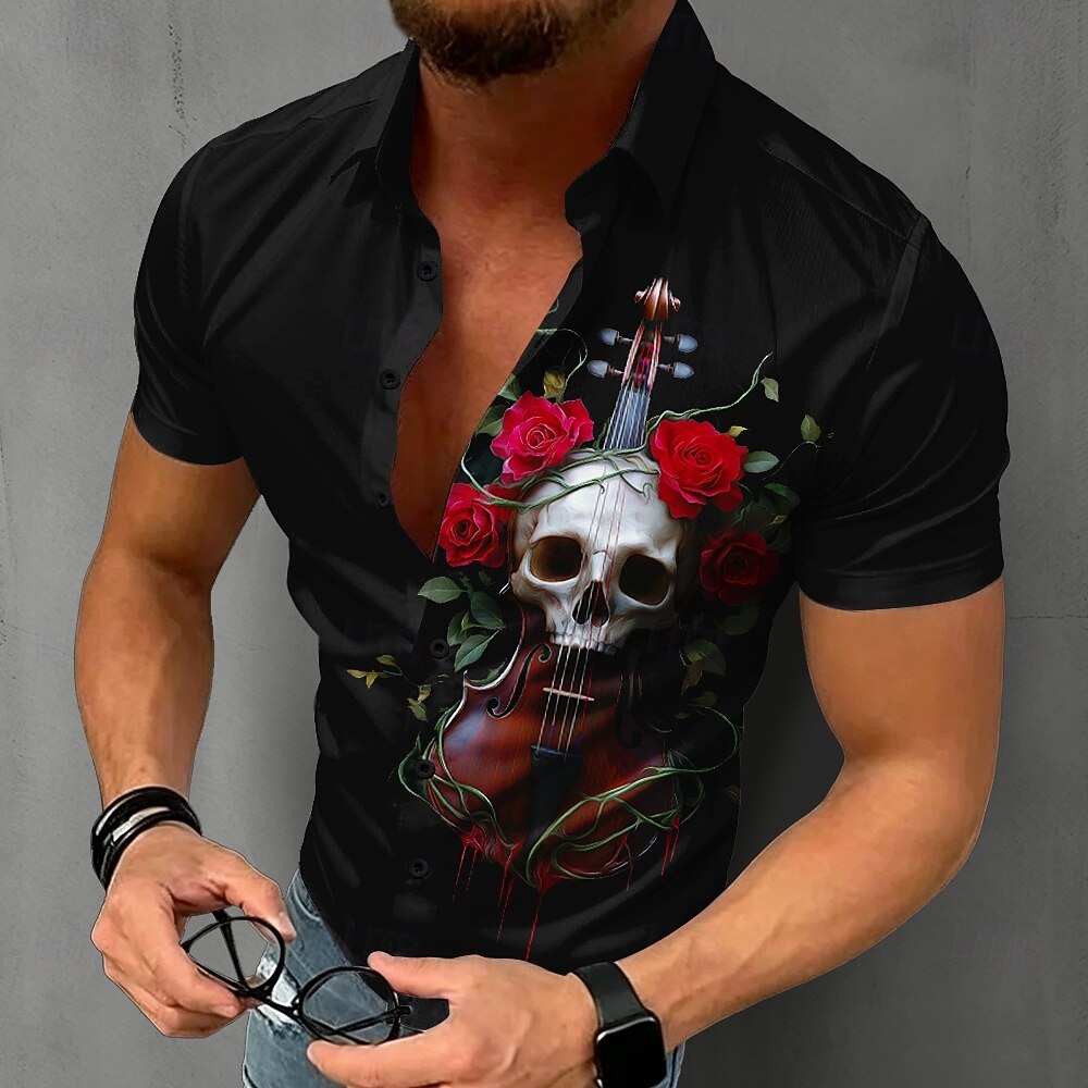 Summer Rose Clothing - Herren Gothic Totenkopf-Hemd Kurzarm mit Geigen-
