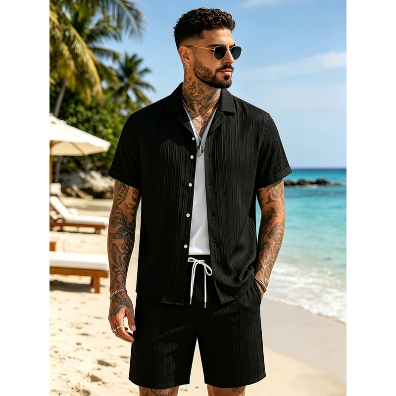 Summer Vacation Clothing Men - 2-teiliges Sommer-Freizeitanzug-Set für Herren, Hemd mit