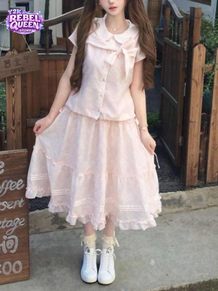Summer Japanese Clothing - Japanisches Vintage-Set: Süßes Oberteil mit Peter-Pan-Kragen