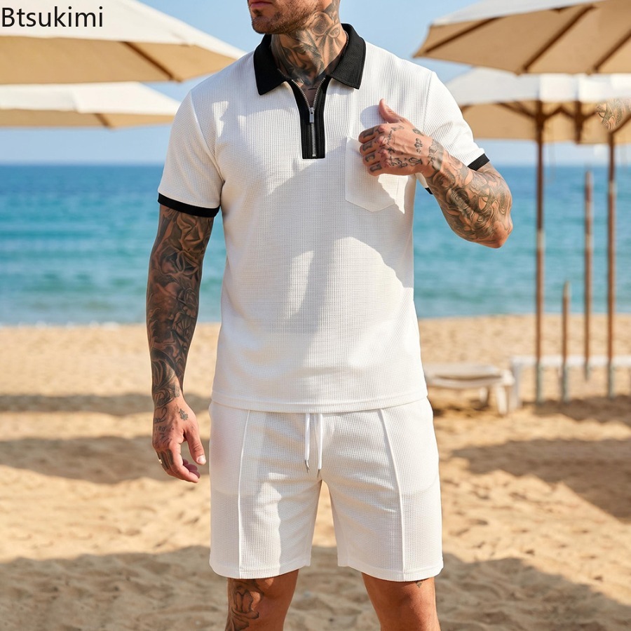 Herren Waffelkragen-Polo Kurza – Summer Vacation Clothing Men Bewertung und Preis
